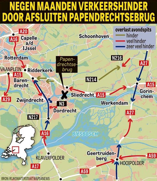 Proloog van afsluiting Papendrechtse brug begint 6 juli vanaf 7 uur met Baanhoekbrug