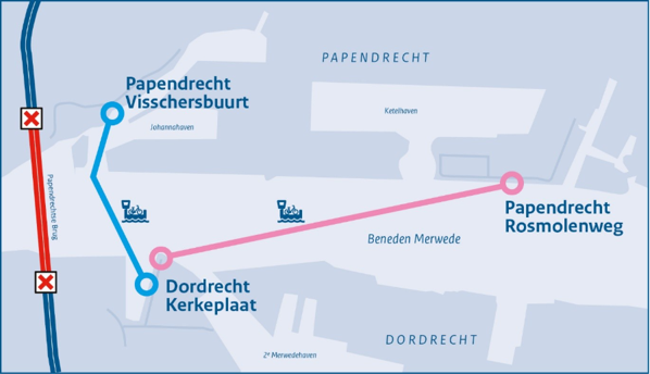 Eerste afvaart tijdelijke ponten tussen Papendrecht en Dordrecht
